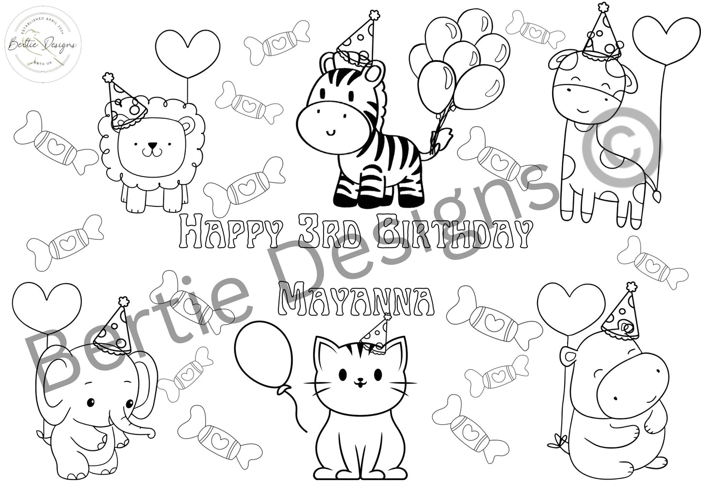 Animal children’s birthday colouring placemats, personalised A4