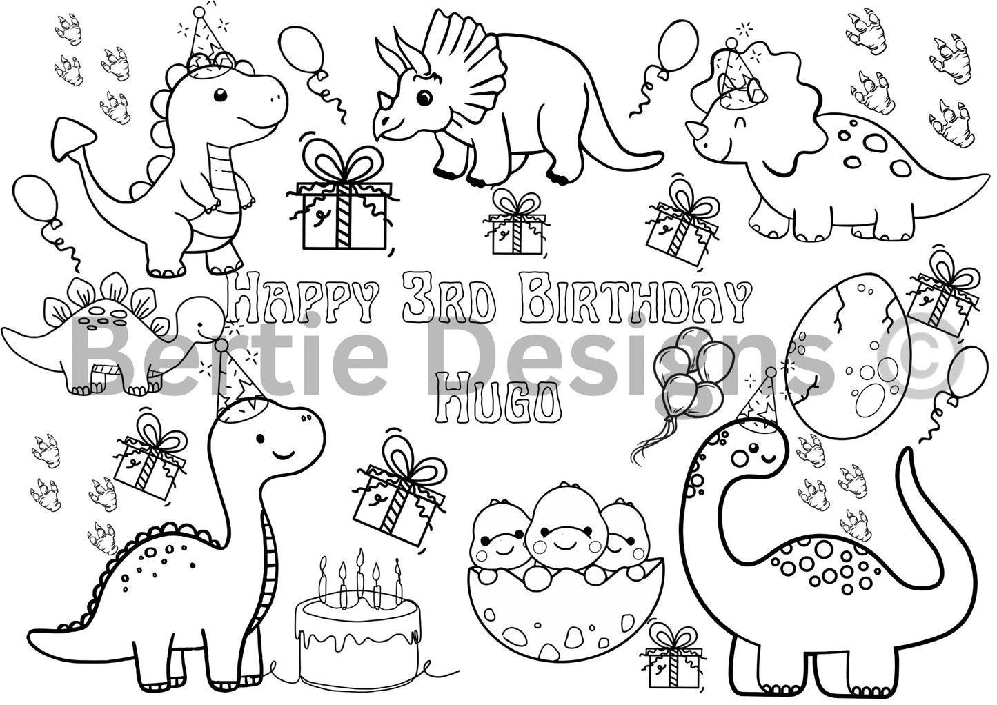 Dinosaur themed birthday colouring placemat A4 digital download