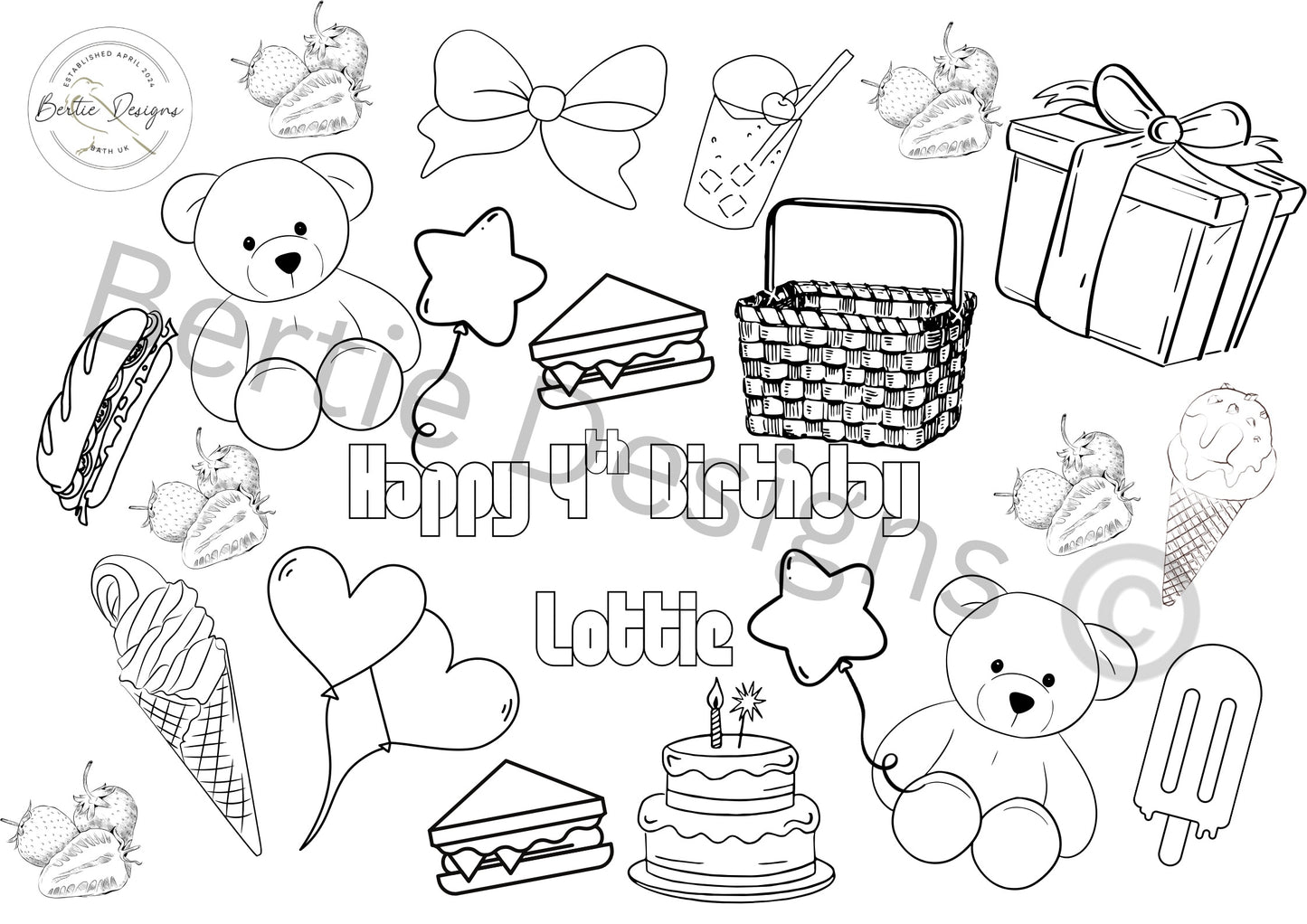 Teddy bear’s picnic birthday colouring sheet A4 with colouring pencils, personalised