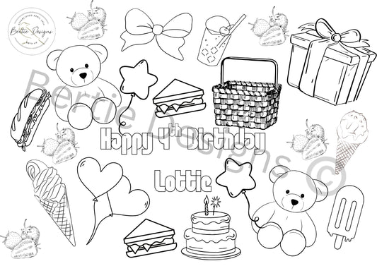 Teddy bear’s picnic birthday colouring sheet A4 with colouring pencils, personalised